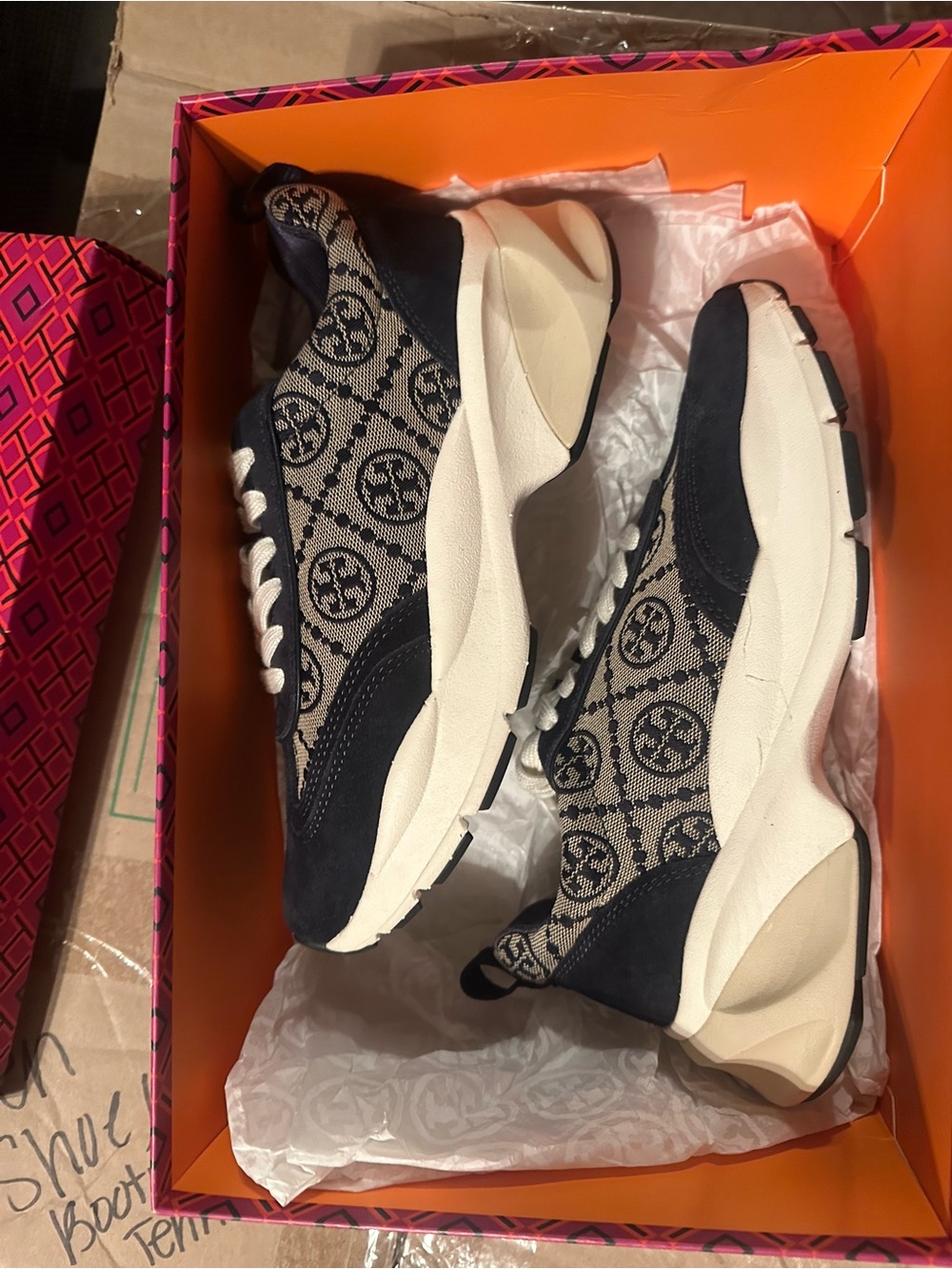 Tory Burch Navy and Cream Logo-Print Runner Sneakers